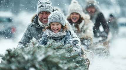 family with children pulling sled with christmas tree through snowy field smiling laughing together symbolizing joy happiness togetherness festive holiday spirit and winter celebration