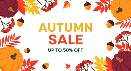 Autumn sale advertisement featuring pumpkins, acorns, rowan berries, and colorful leaves arranged around the text on a white background.