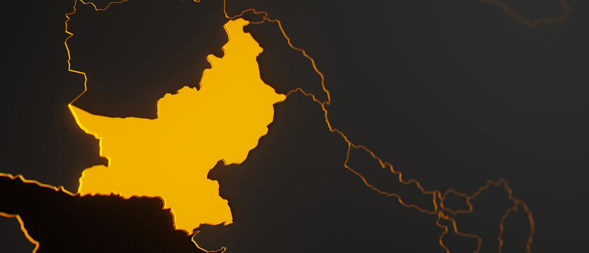 Golden Pakistan 3d map surrounded with other countries in black with golden borders and shallow dof. Asia political map with borders