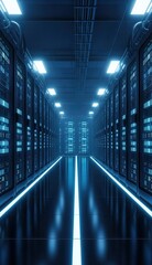 Data center corridor rows of server racks illuminated in blue glossy floor with a central light strip