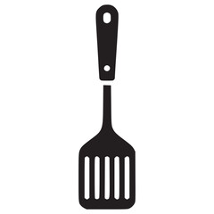 Illustration of a black spatula the spatula is a kitchen utensil used for flipping, stirring, and serving food it has a flat, wide blade with slots for draining