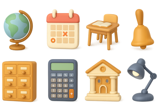 3d school supplies set with calendar, desk, and calculator in soft tones