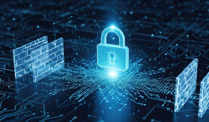 Digital security a glowing padlock amidst circuitry between firewalllike structures all rendered in shades of blue
