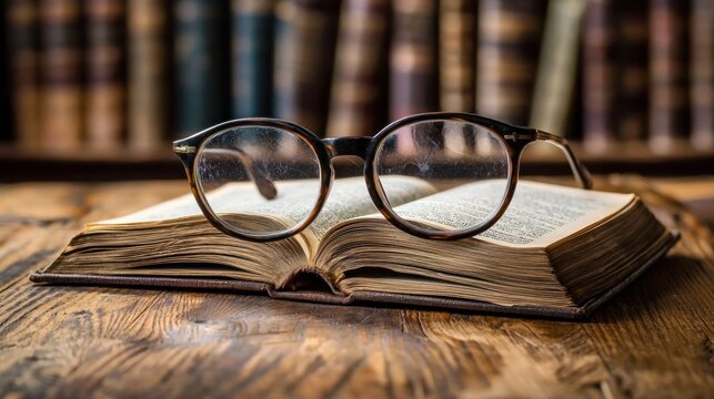 A pair of glasses resting on an open book on a wooden table. - Powered by Adobe