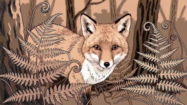 Fox peeking through ferns in a forest setting
