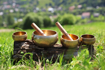 Tibetan singing bowls with mallets on piece of wood outdoors