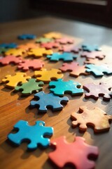 A challenging jigsaw puzzle scattered on a wooden table, pieces in various colors and shapes, sunlight illuminating the scene , relaxing, jigsaw puzzle