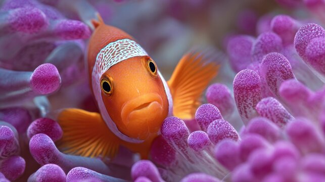 A vibrant clownfish nestled among the colorful tentacles of a sea anemone, creating a captivating underwater scene