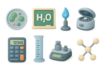 Cute science lab equipment icons in soft 3d style for educational designs