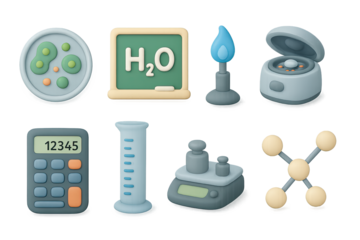 Cute science lab equipment icons in soft 3d style for educational designs
