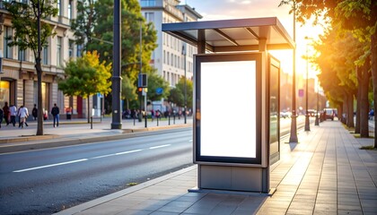 Empty billboard on a city bus stop at sunset