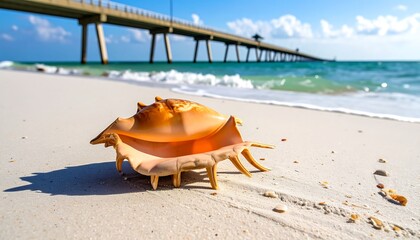 Seashell on a sunny beach with a bridge in the background