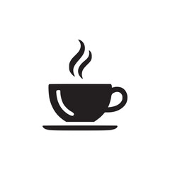 Illustration of a steaming coffee cup on a saucer, the simple, minimalist design features a dark silhouette against a clean backdrop, perfect for conveying warmth and comfort