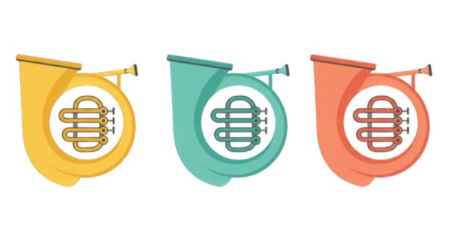 Illustration set of French horns in flat design style, PNG background.