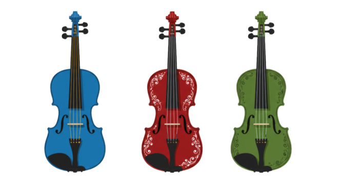 Illustration set of violins in flat design style, PNG background.
