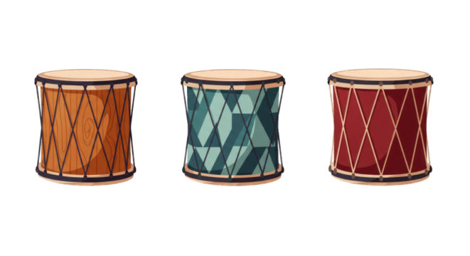 Illustration set of drums in flat design style, PNG background.