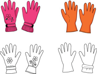 Colorful kids gloves vector set, floral design, outline and filled styles, winter accessories, cartoon handwear illustration for children fashion and art