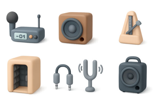 3d music equipment icons with soft glow and minimalist design