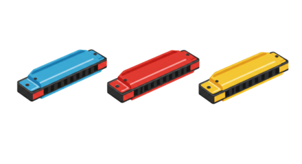Illustration set of harmonicas in flat design style, PNG background.