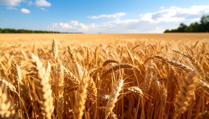 A vibrant field of golden wheat, swaying gently in the sun, stretching towards the distant horizon under a bright blue sky with fluffy clouds