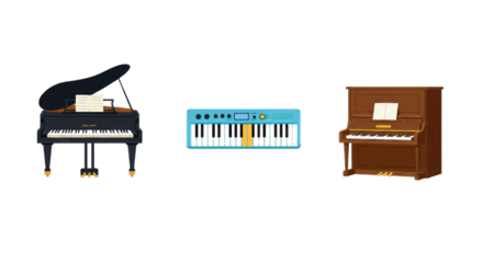 Illustration set of pianos in flat design style, PNG background.