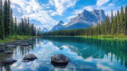 A serene mountain lake with a rocky shoreline and lush green trees, reflecting the sky and clouds.