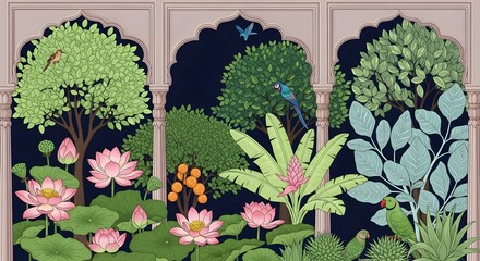 Mughal garden with lotus flowers, banana trees, and birds