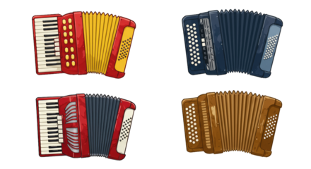 Illustration set of accordions in flat design style, PNG background.