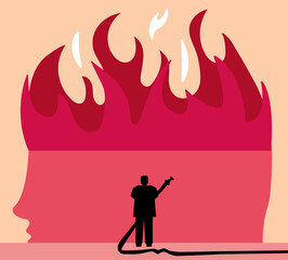 Person with fire fighting water pipe in front of huge fire flame above face illustration