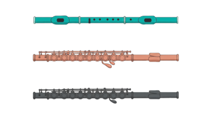 Illustration set of flutes in flat design style, PNG background.