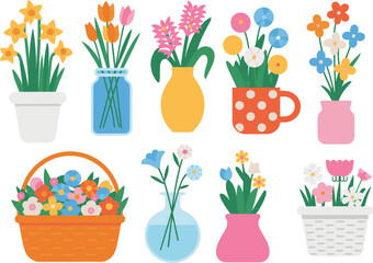 Spring flower pots, colorful tulips, blooming blossoms in vases, decorative floral arrangements, home decor bouquet basket, seasonal garden flowers illustration, bright floral vector design