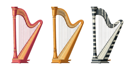 Illustration set of harps in flat design style, PNG background.