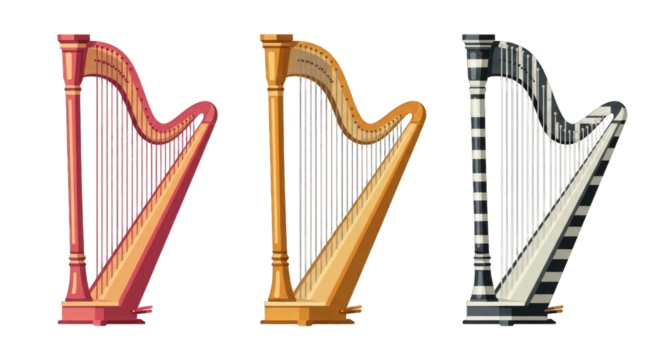 Illustration set of harps in flat design style, PNG background.