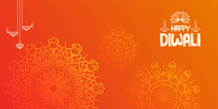happy diwali typography on yellow abstract gradient background with mandala illustration