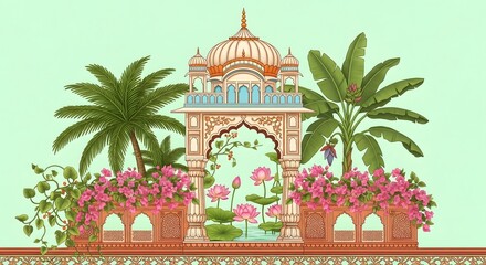 Indian traditional archway with palm trees and lotus flowers