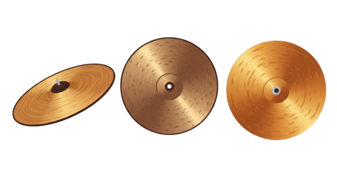 Illustration set of 3 cymbals in flat design style, PNG background.