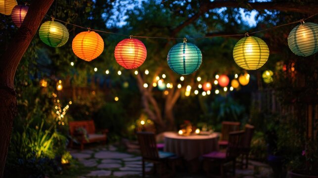 Beautiful backyard patio at dusk with colorful paper lanterns and string lights illuminating the outdoor dining area for a party