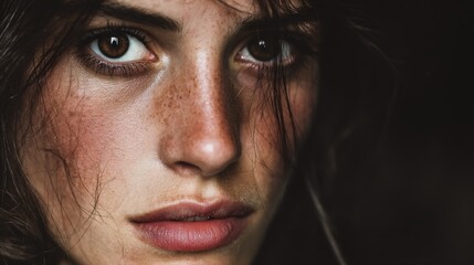 Close-Up Portrait of a Young Woman with Freckles and Intense Eyes
