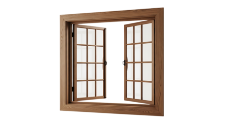 Open wooden casement window revealing bright possibilities, inviting fresh air and natural light indoors.