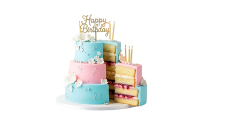 Celebrate joyfully with a stunning pink and blue tiered birthday cake adorned with candles and flowers