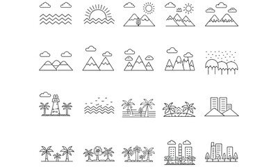 Minimalist Nature Icons And Mountains, Trees, Sun, Clouds, Forest & Outdoor Line Art