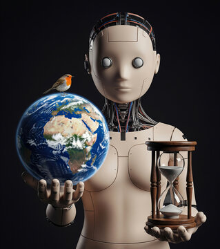 Humanoid robot holding Earth globe with hourglass and robin bird symbolizing environmental protection and future of humanity