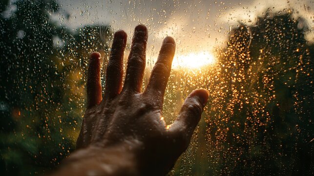 Hand reaching for sunset rain drops