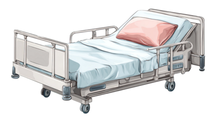 Modern hospital bed with adjustable frame, side rails, and comfortable medical mattress equipment isolated on white background
