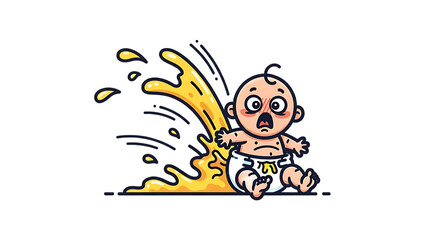 Obraz premium Funny vector illustration of a surprised baby in a diaper having a messy peeing accident