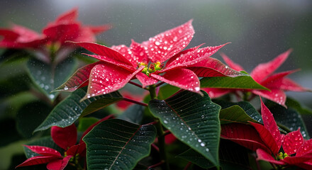 Close-up of red poinsettia flowers with water droplets, showcasing vibrant colors and intricate details.