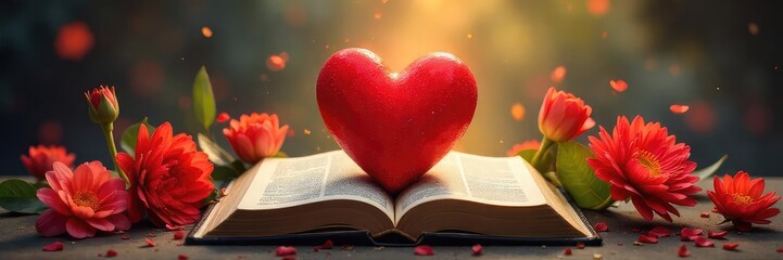 A depiction of agape love within a Christian context; a heart-shaped cross, illuminated Bible, and blooming flowers symbolize faith, hope, and charity , redemption, agape