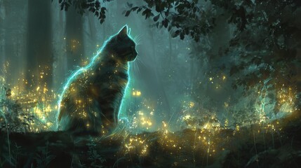 Beautiful Shiny White Cat on Forest Background