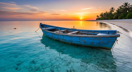 Fototapeta premium Serene Blue Boat Drifting on Tropical Ocean Waters at Sunset