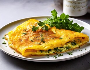 A golden omelette garnished with fresh herbs on a white plate, symbolizing a perfect breakfast